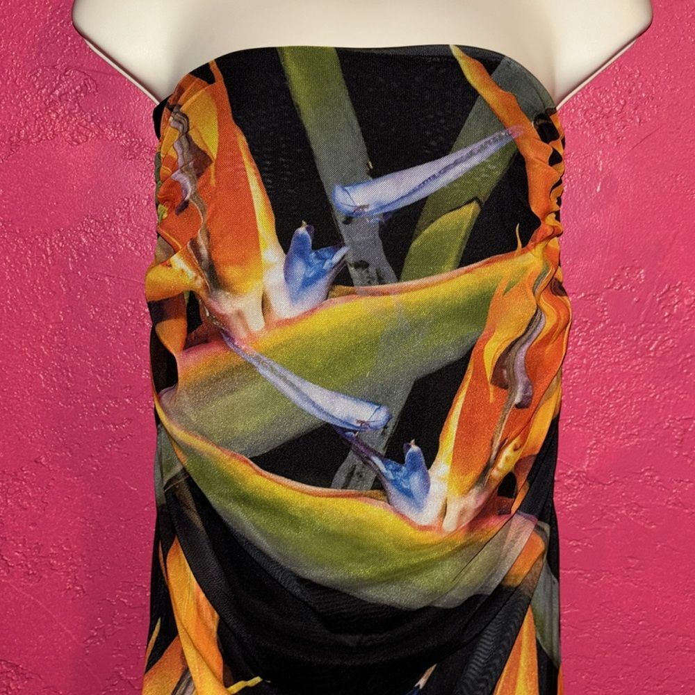 NWT Zara sheer tropical print midi length strapless dress. Sz small.